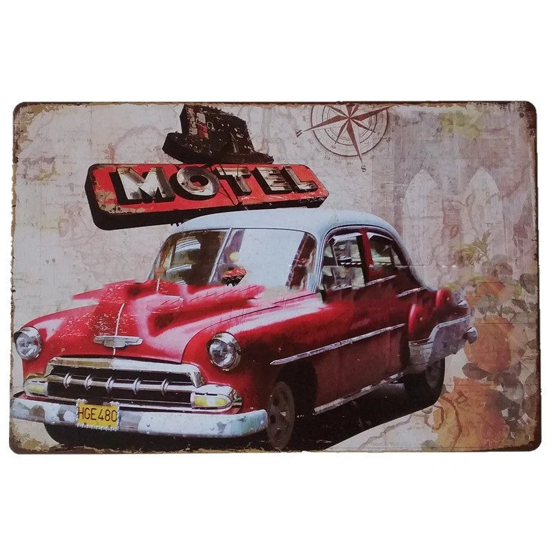 Retro tin painting metal crafts with car and motorcycle patterns in vibrant colours