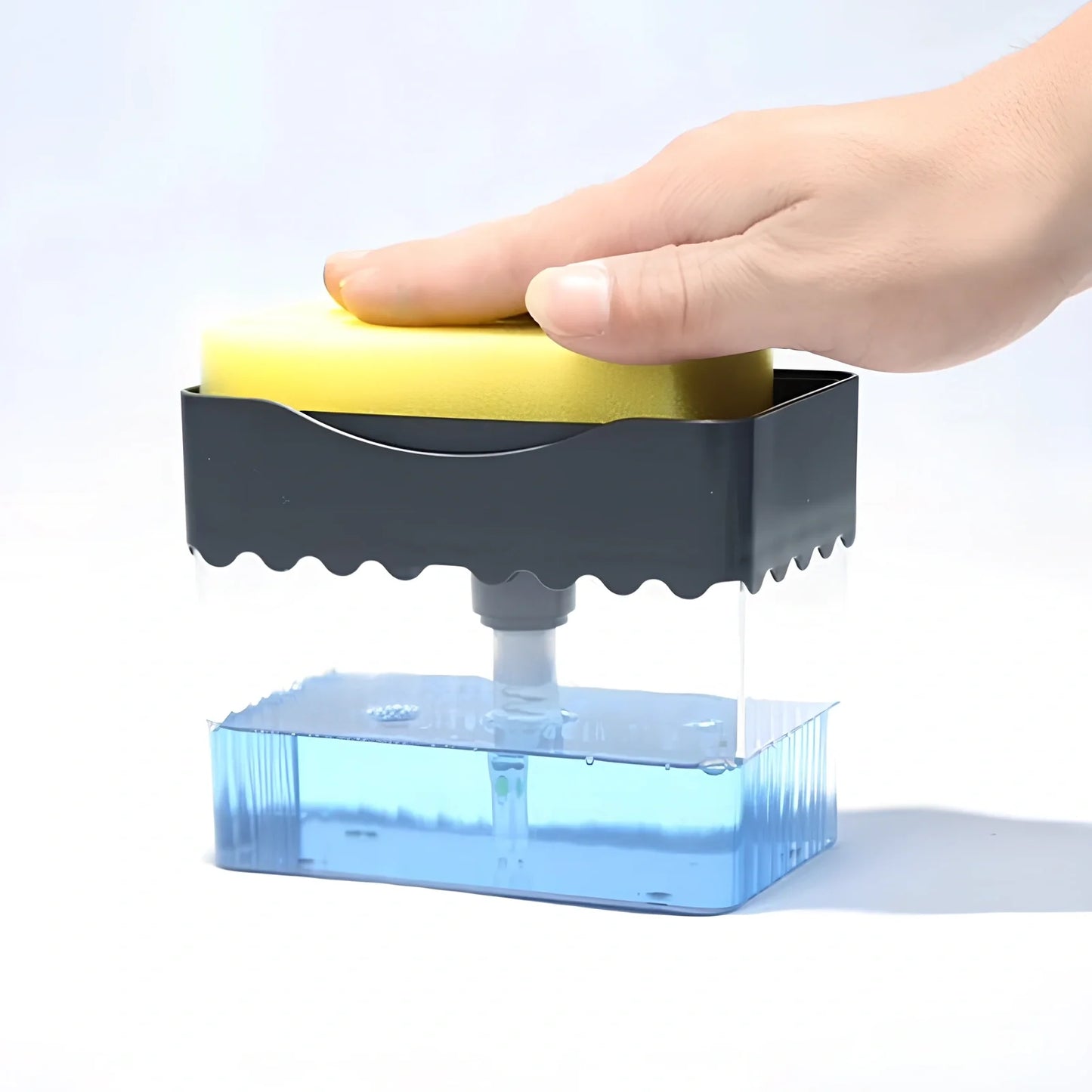 Dark blue 2-in-1 soap dispenser and sponge caddy unit on kitchen counter with measuring tape showing 13.5cm diameter