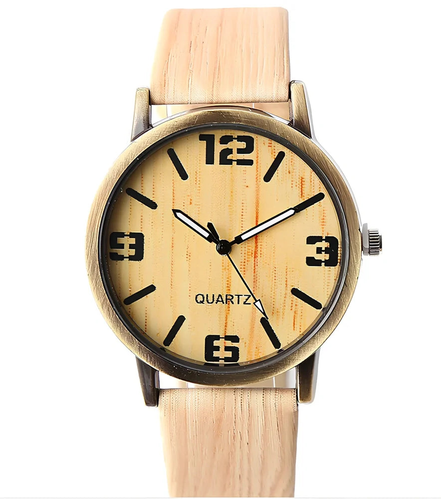 Wood grain style quartz wrist watch with 40.5mm round dial, 11mm thick metal case, and plastic strap - precise timekeeping accessory