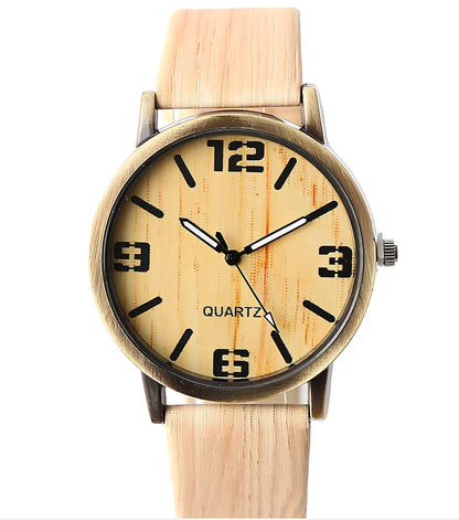 Wood grain style quartz wrist watch with 40.5mm round dial, 11mm thick metal case, and plastic strap - precise timekeeping accessory