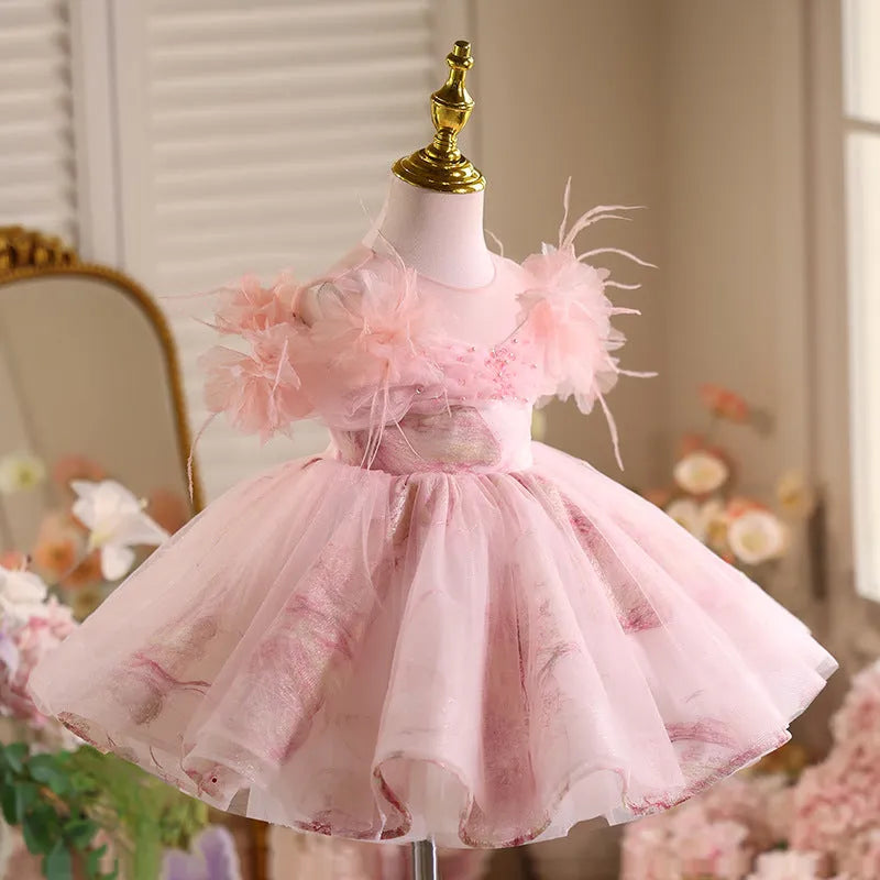 Pink polyester girls princess dress light luxury high-end style suitable height 80-150cm