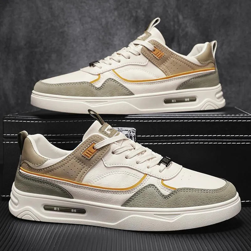 Unisex casual microfiber board shoes with flat heel and lace up, in beige and white