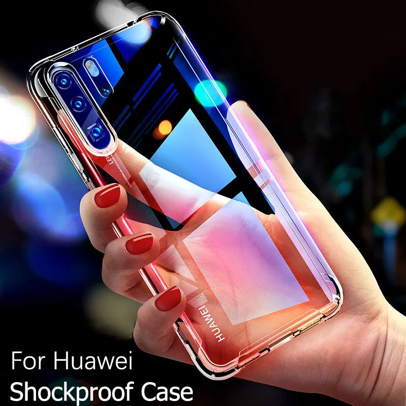 Transparent TPU phone case for Huawei and Honor smartphones showing airbag anti-fall design.