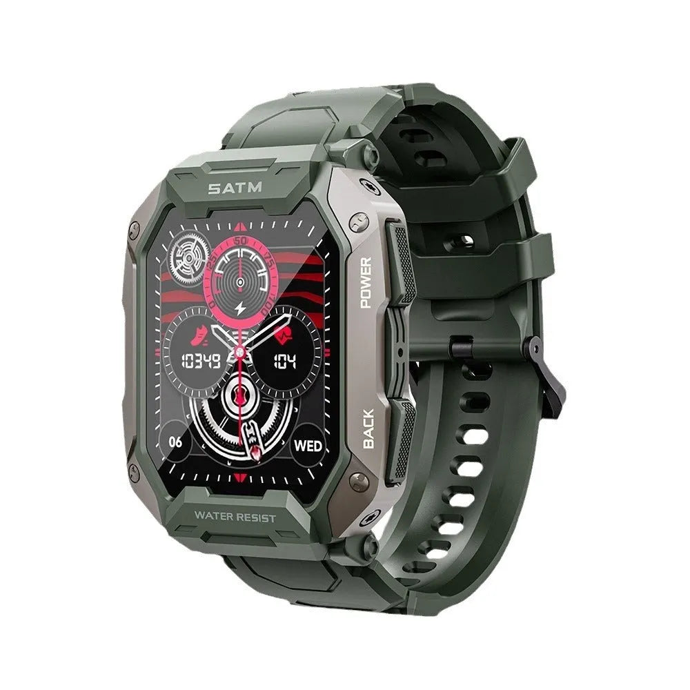 Black smart watch with TFT display showing heart rate and time, green option available, Bluetooth calling, 1ATM waterproof