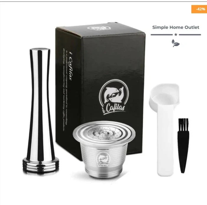 Stainless steel reusable Nespresso coffee capsule with tamper and spoon