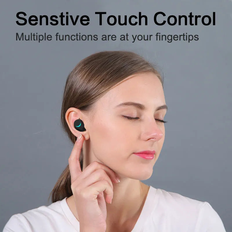 Black TWS Bluetooth wireless headset with earplug design and charging case
