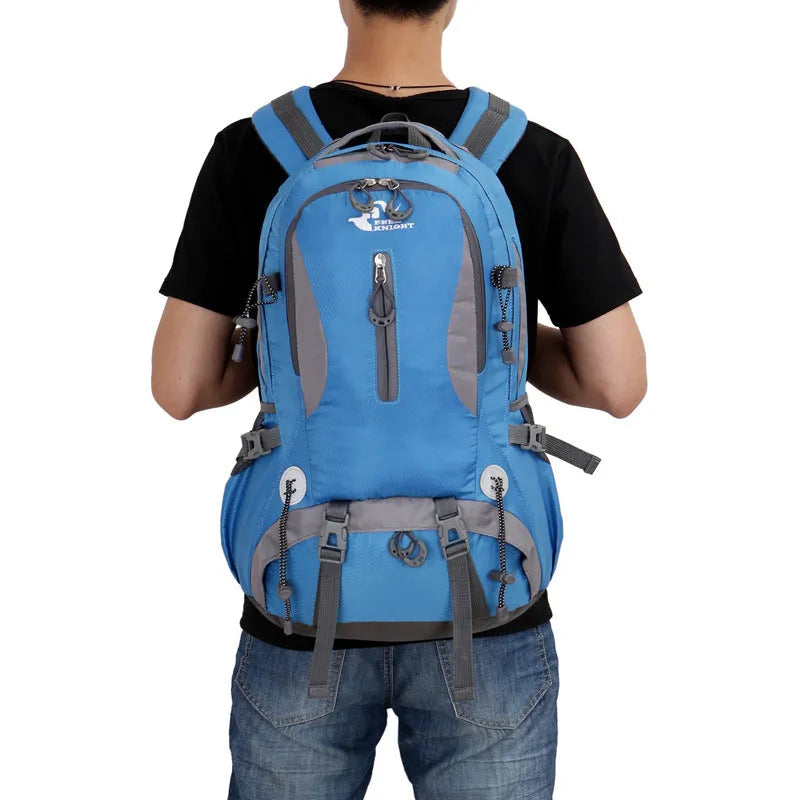 Outdoor waterproof nylon mountaineering bag 36-55L in black for hiking and camping
