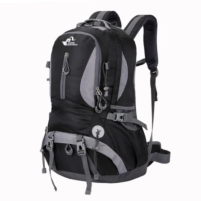 Outdoor waterproof nylon mountaineering bag 36-55L in black for hiking and camping