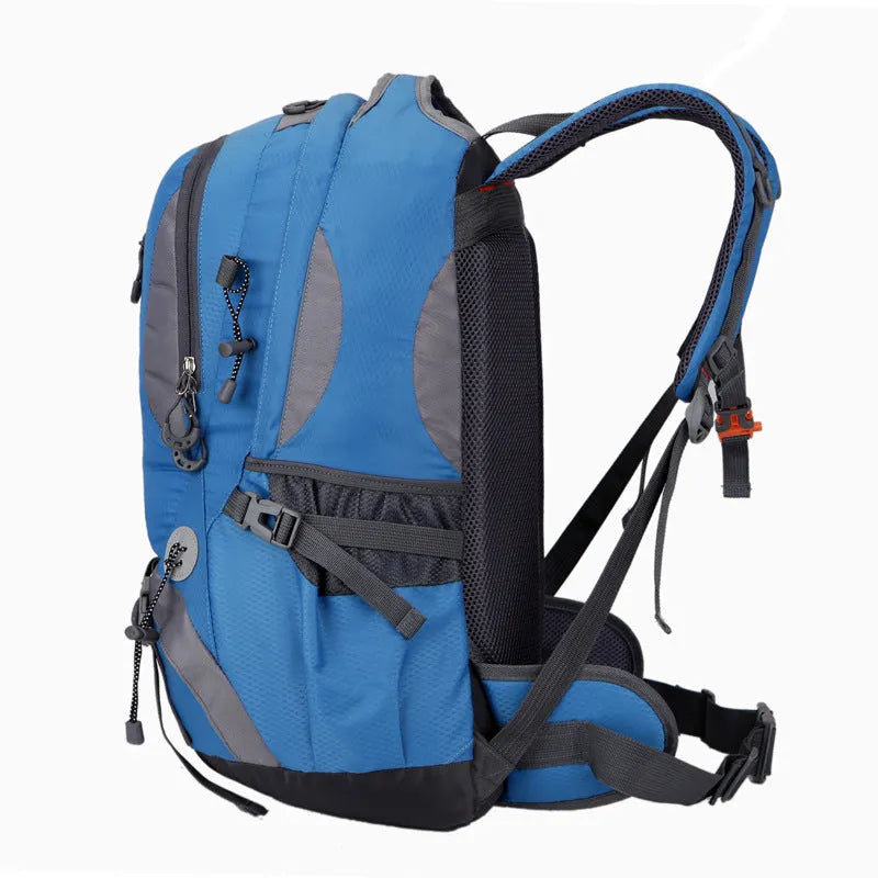 Outdoor waterproof nylon mountaineering bag 36-55L in black for hiking and camping
