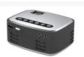 Mini LED projector in black with manual focus lens and multiple input ports on front panel