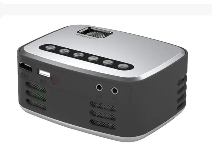 Mini LED projector in black with manual focus lens and multiple input ports on front panel