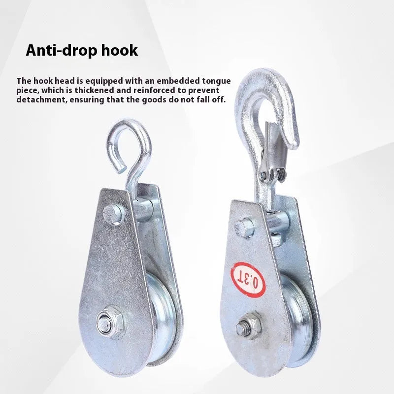 Red industrial lifting pulley with a safety-latched hook forged from A3 steel.