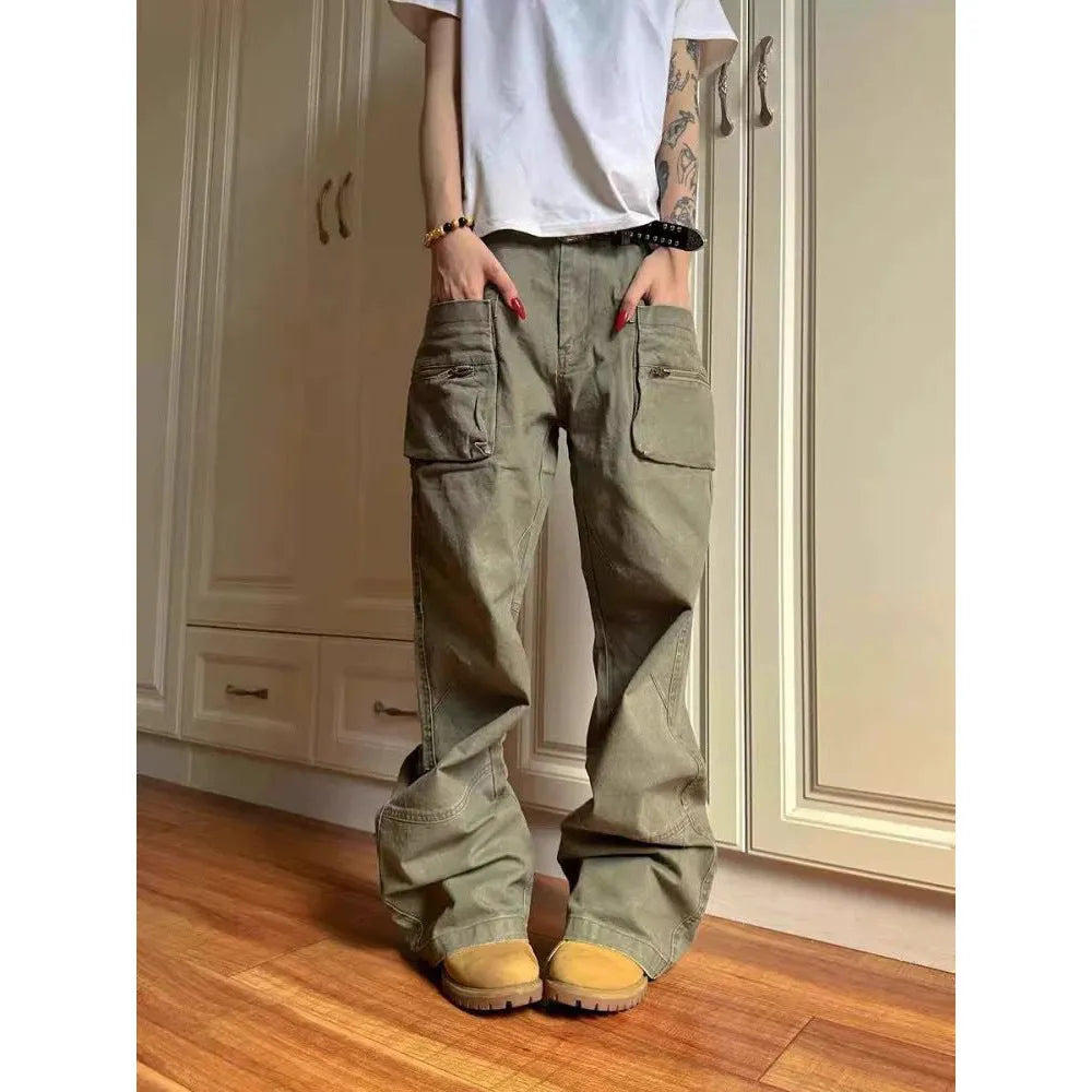 Double zipper work trousers with side pocket in black or green cotton fabric