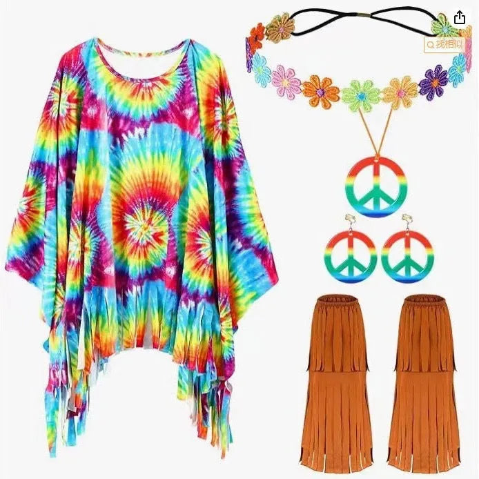 Colourful tie dye Halloween cloak costume with bell sleeves on a hanger