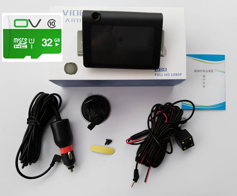 1080P dash cam with 170° front lens, 6-glass construction, and rear cable for dual recording