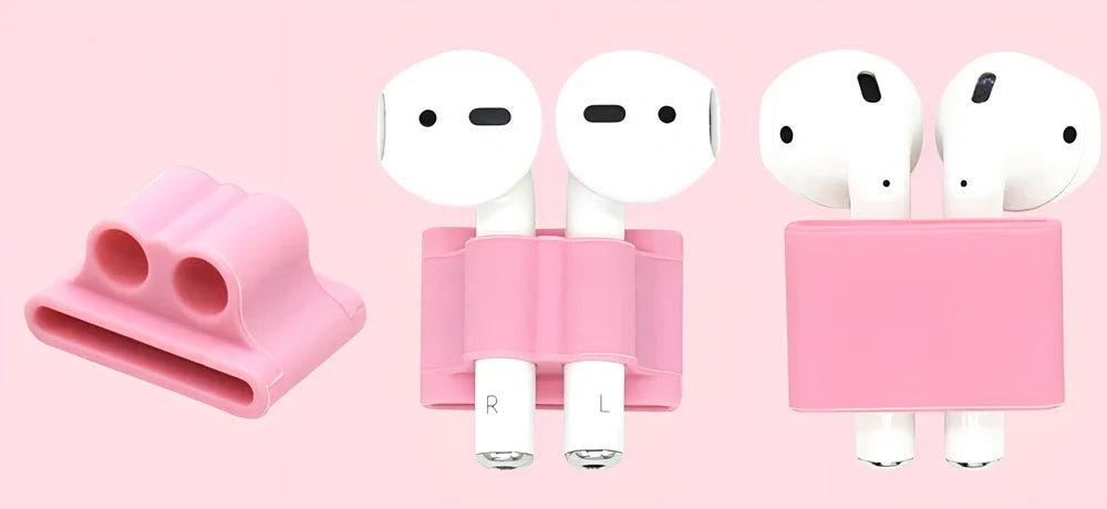 Black silicone protective cover for AirPods with 10cm anti-loss rope, hanging buckle, and earplug sleeves, weighing 36g total