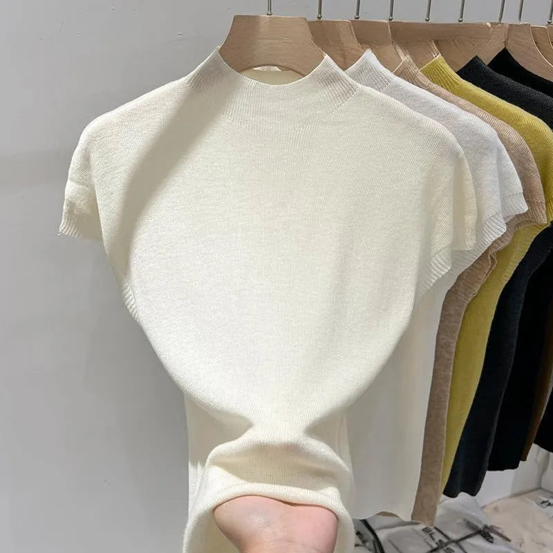 Women's half-high collar flutter sleeve knitwear summer pullover in light apricot with geometric pattern