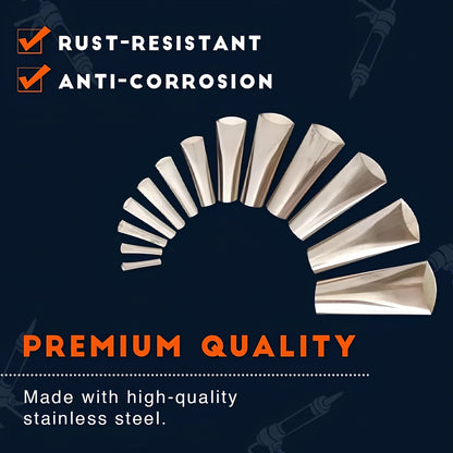 Stainless steel caulking nozzle applicator tool with 14 nozzles sized 5mm to 35mm for precise gap sealing