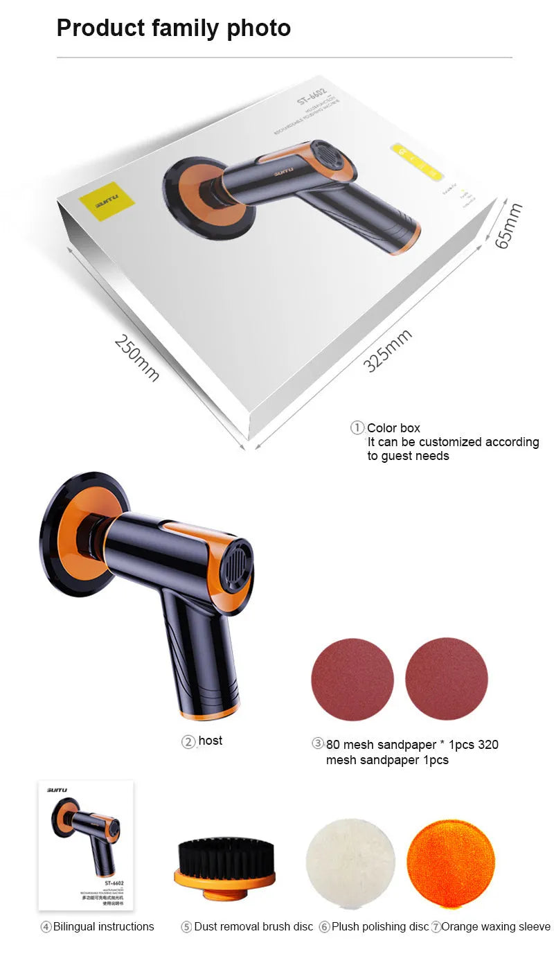 Cordless car polishing machine with black ABS body, orange waxing pad, and 12cm disc on a table