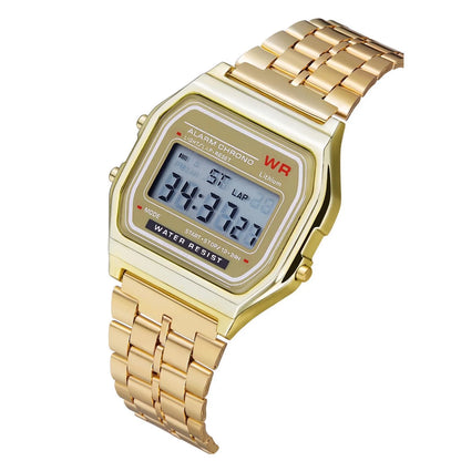 WR F91W Steel Band Electronic Watch with square dial and stainless steel strap