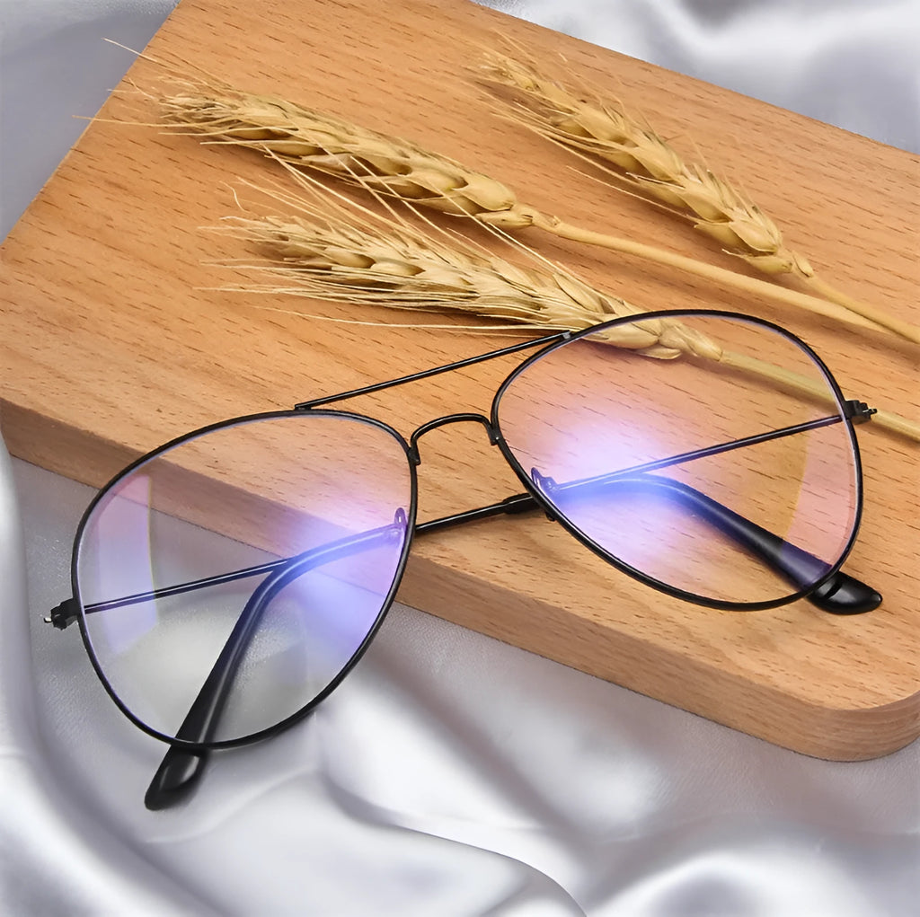 Anti-blue light glasses with metal frame in Black, Gold, and Silver white against a white background