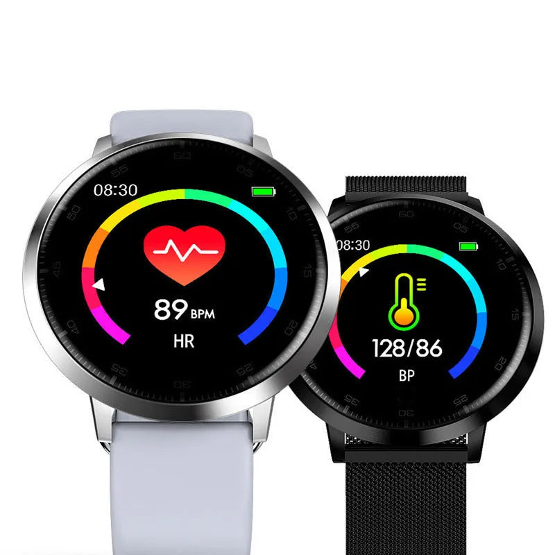 Ultra-thin black smart health bracelet with a silicone strap and a 1.3-inch touchscreen display.