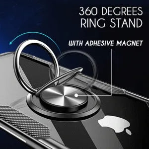 Black PU protective back cover case for iPhone mounted in a car holder, showing full access to charging port and buttons.