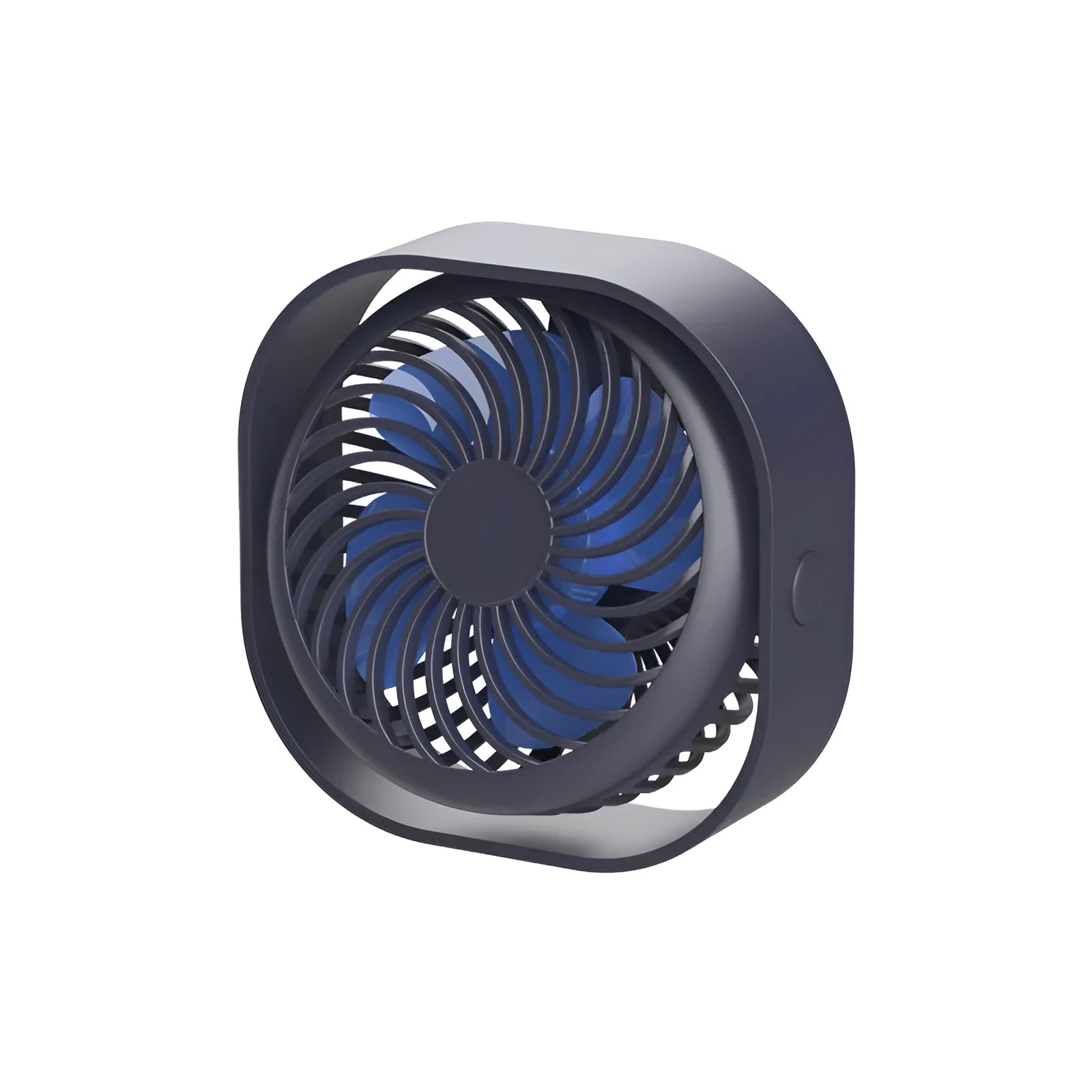USB rechargeable desk fan with alarm clock display in blue, showing 360-degree rotation