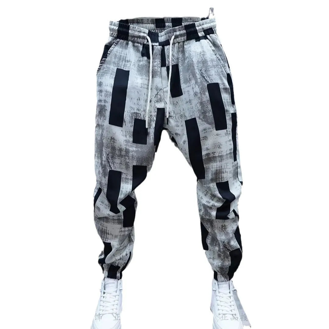 Men loose casual trousers, black and white, cotton blend Ice Silk, high waist drawstring, straight leg ankle strap, sizes M to 3XL