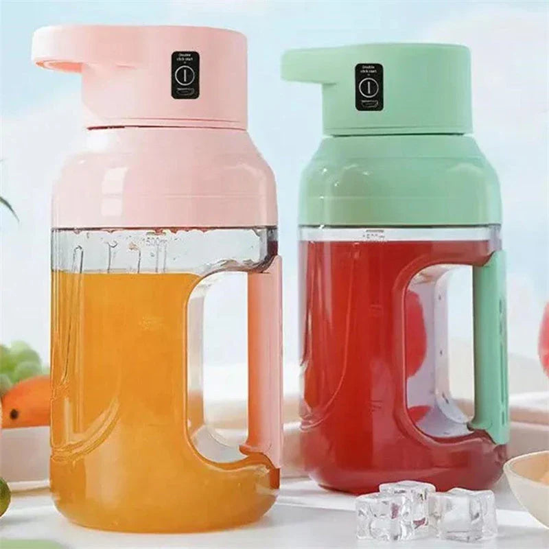 Portable electric juice blender with 50 oz capacity, double handles, and USB rechargeable design for on-the-go convenience