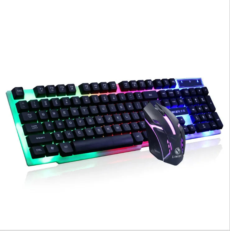 Limei GTX300 white and black wired USB gaming keyboard and mouse set with backlit keys on a desk.