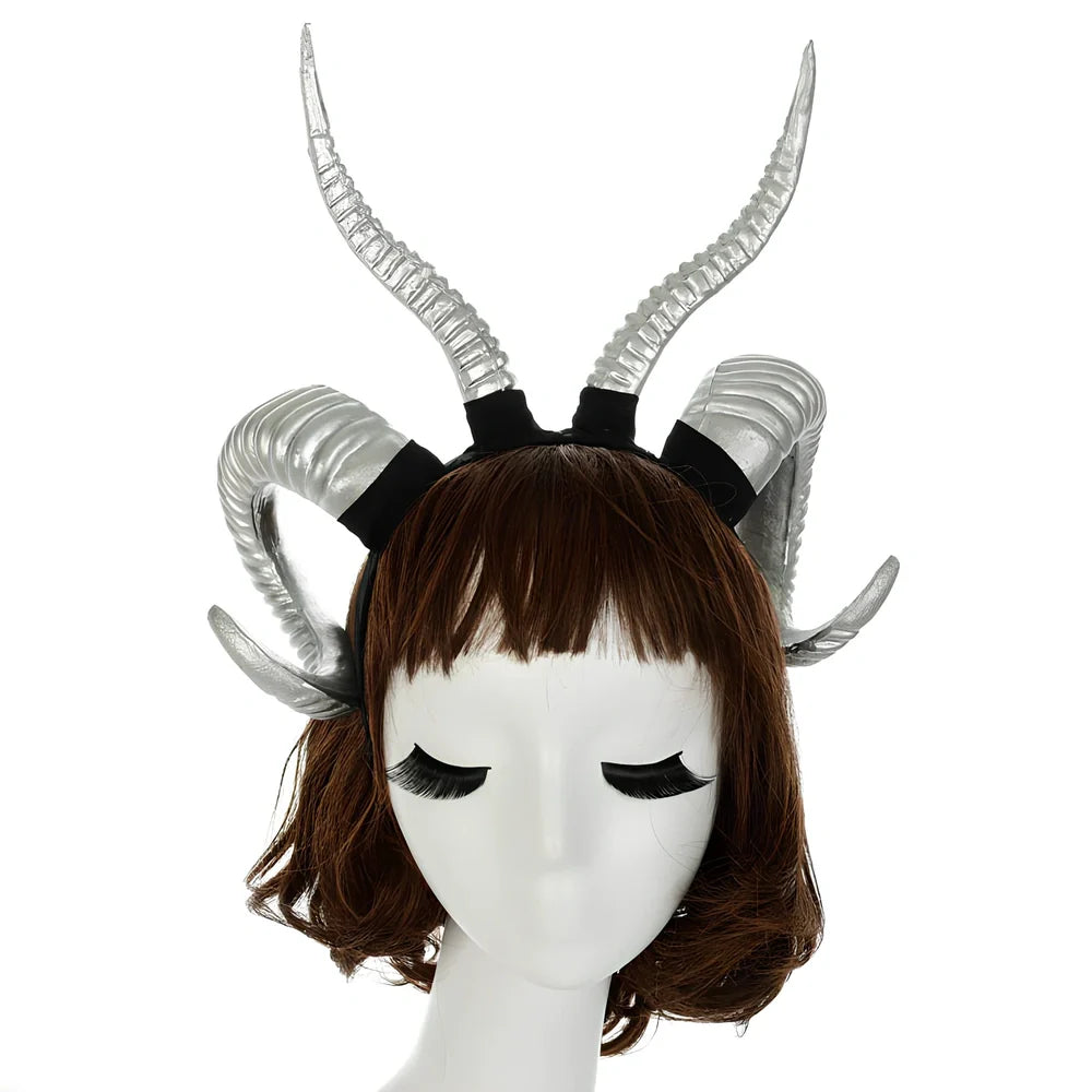 U-shaped simulation sheep horn headdress in black plastic-resin with plaid pattern, 15cm height for festivals