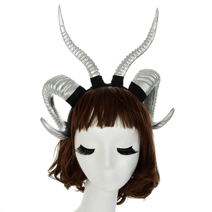 U-shaped simulation sheep horn headdress in black plastic-resin with plaid pattern, 15cm height for festivals