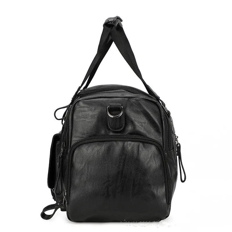 Black waterproof PU travel bag with a separate shoe compartment, shown with dimensions 52cm x 19cm x 27cm.