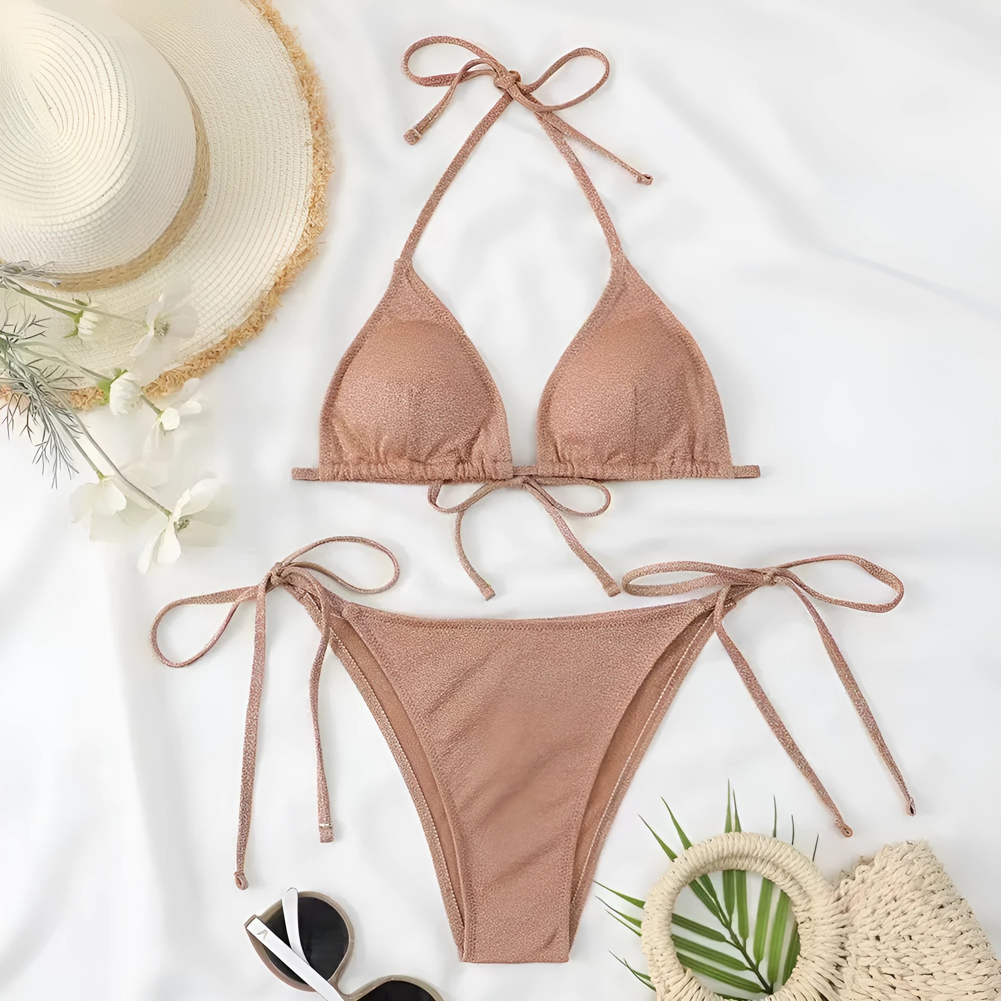 Women's khaki gold split bandage bikini swimsuit set with briefs style pants