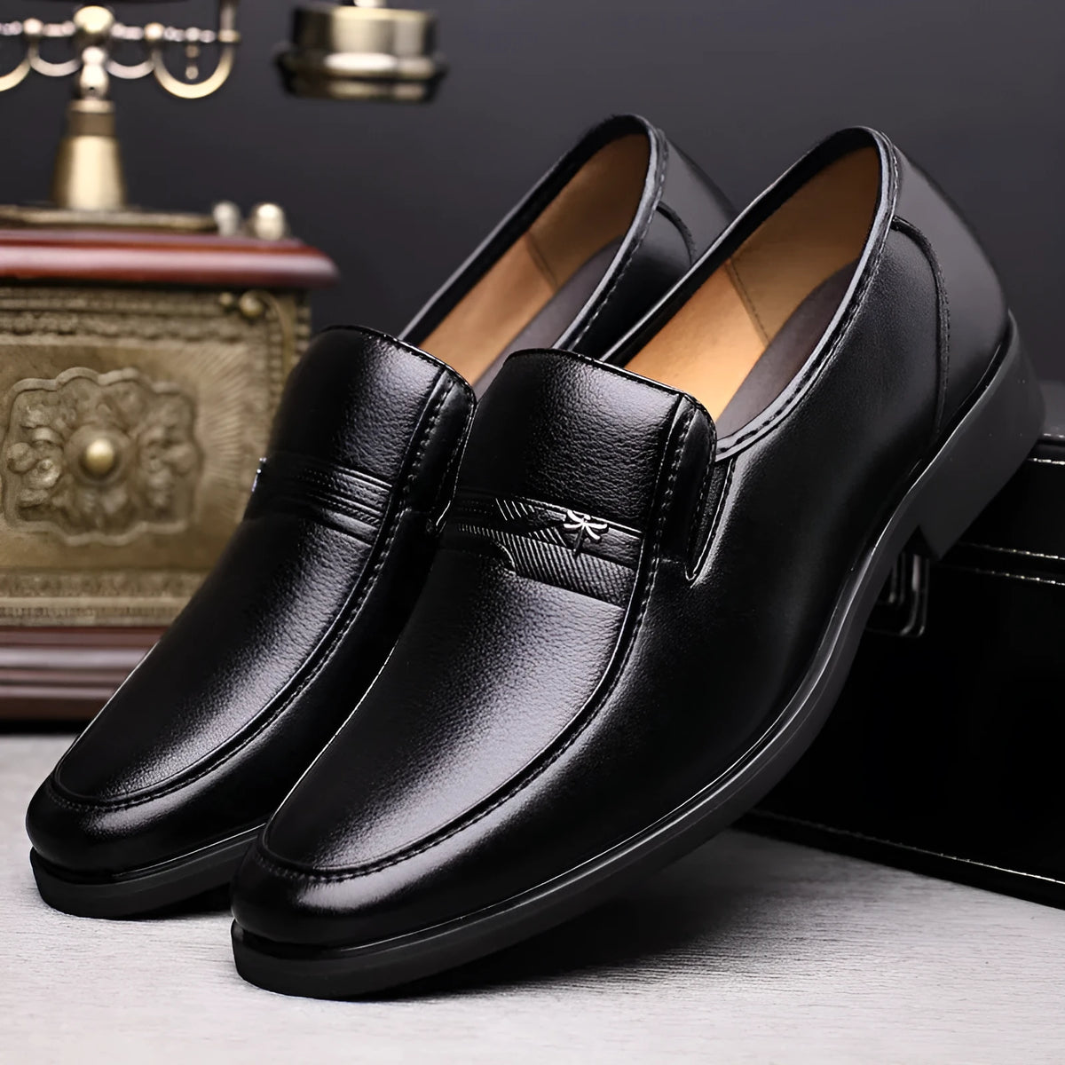 Men's business casual leather shoes with rubber sole, black colour, pointed head style, side view