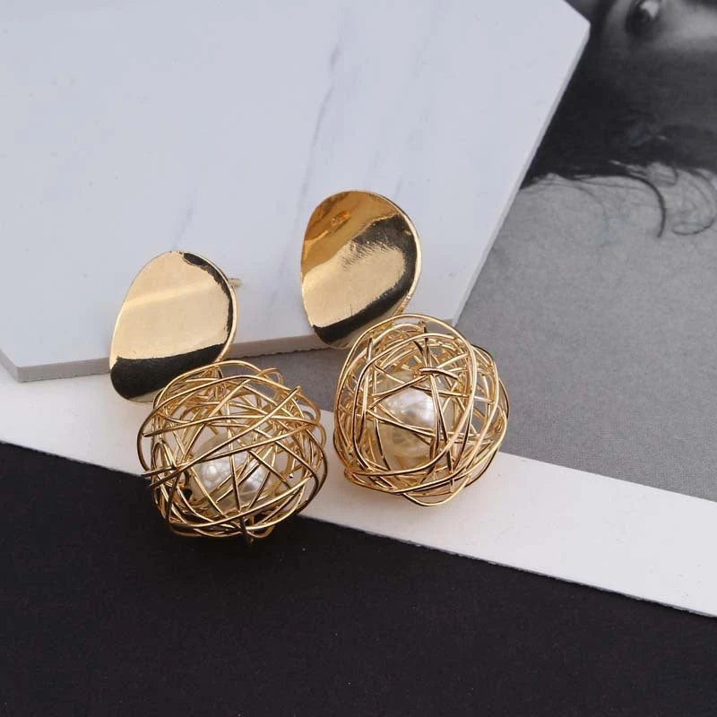 Vintage Geometric Earrings with woven ball and pearl stud design, 4.5cm length