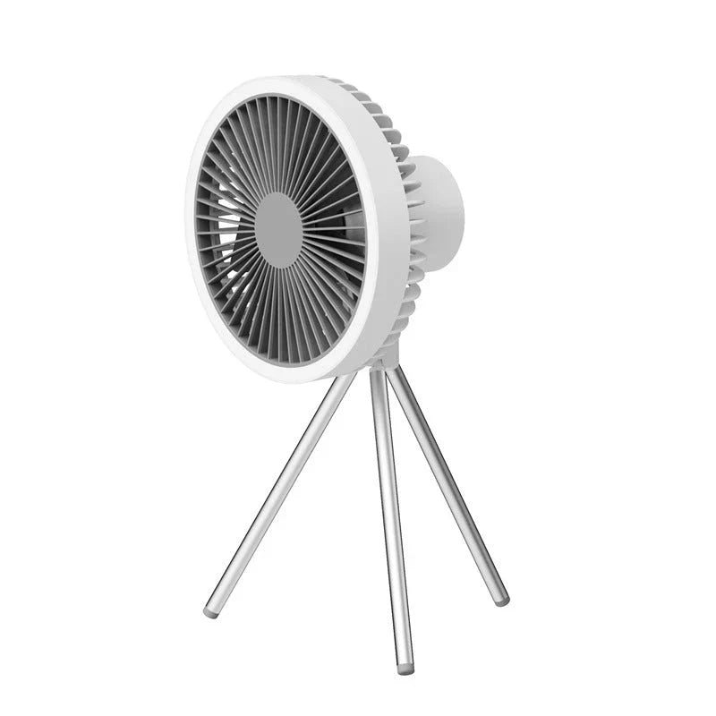 Versatile outdoor camping fan with portable USB rechargeable tripod design, multi-purpose functionality, and powerful 10,000mAh battery