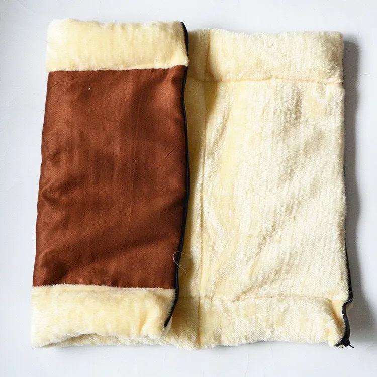 Brown suede and plush cat tunnel with rustling paper sound, approximately 90x57cm, on a floor indoors