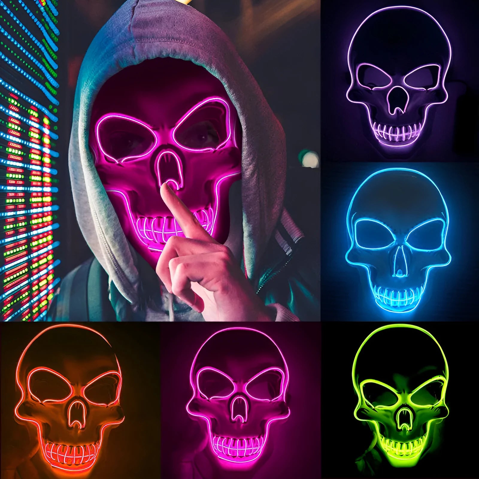 LED illuminated plastic skeleton mask with 10 colour options and separate battery pack