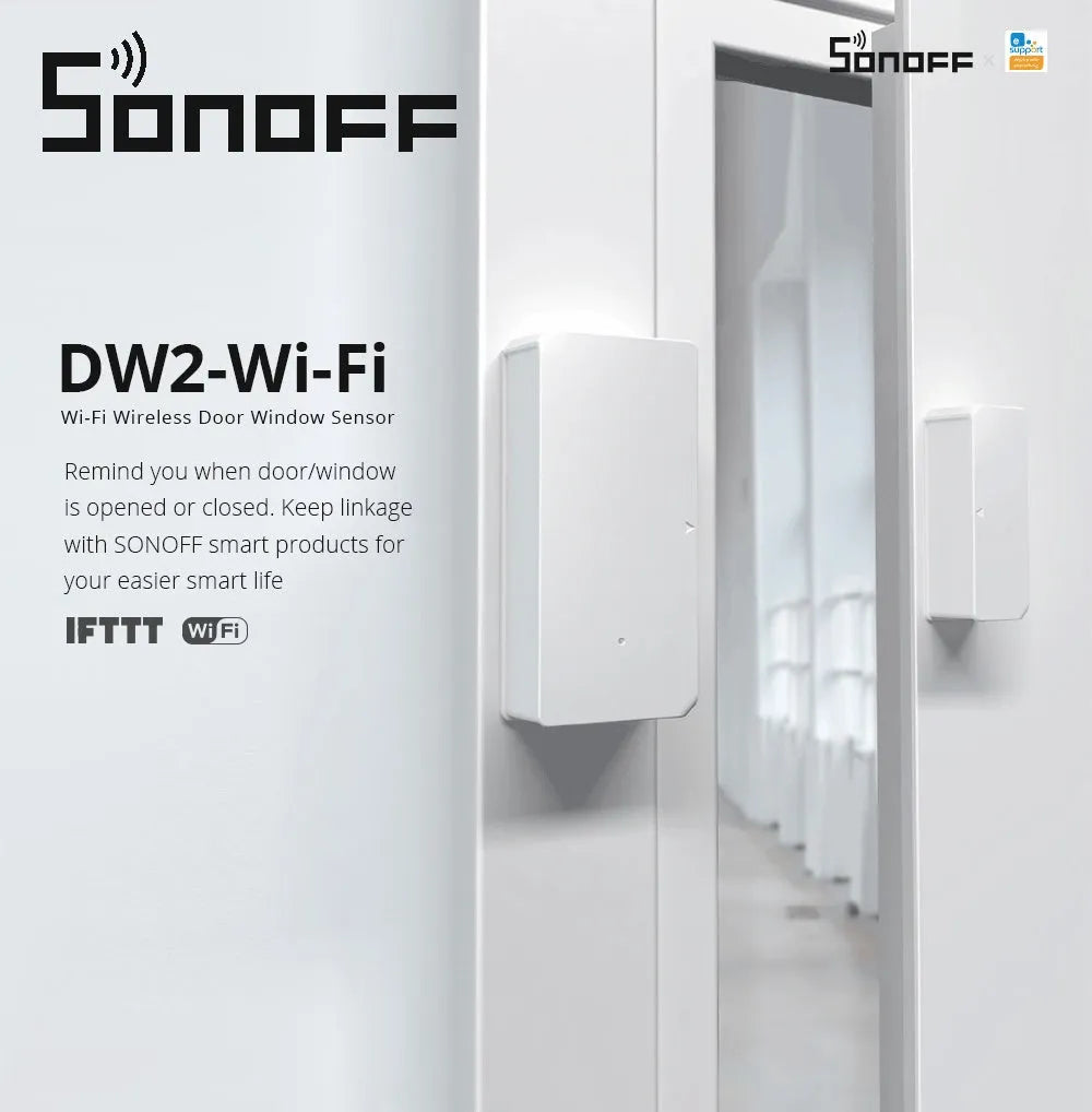 Wireless WiFi door and window sensor with white PC housing and adhesive strip for tool-free installation