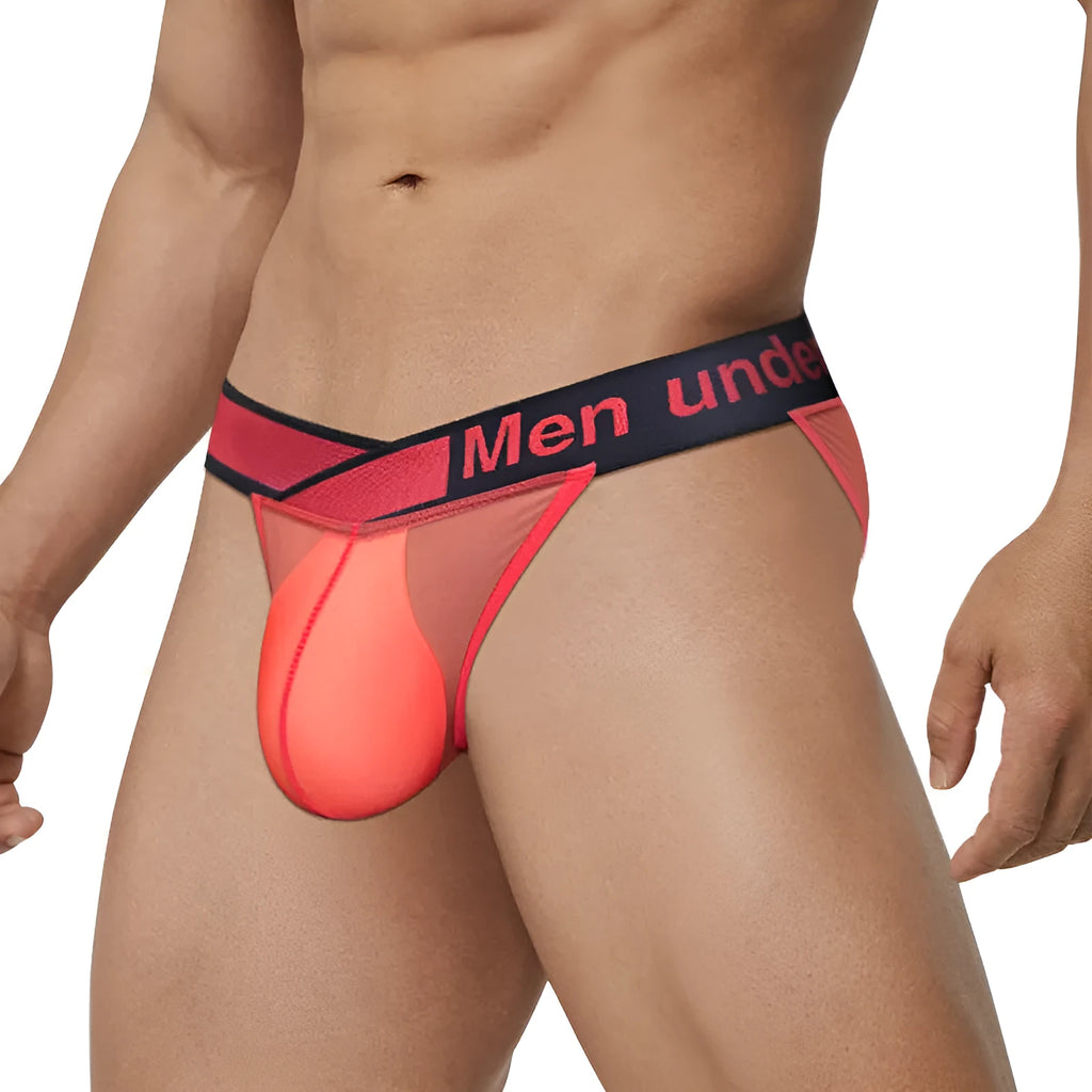 Men's transparent ice silk underwear with V gradient front design in black, red, and white colours