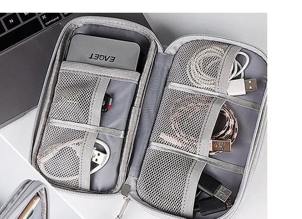 Multifunctional data cable storage bag in black double layer 19x11x5.5cm with power bank and cables inside