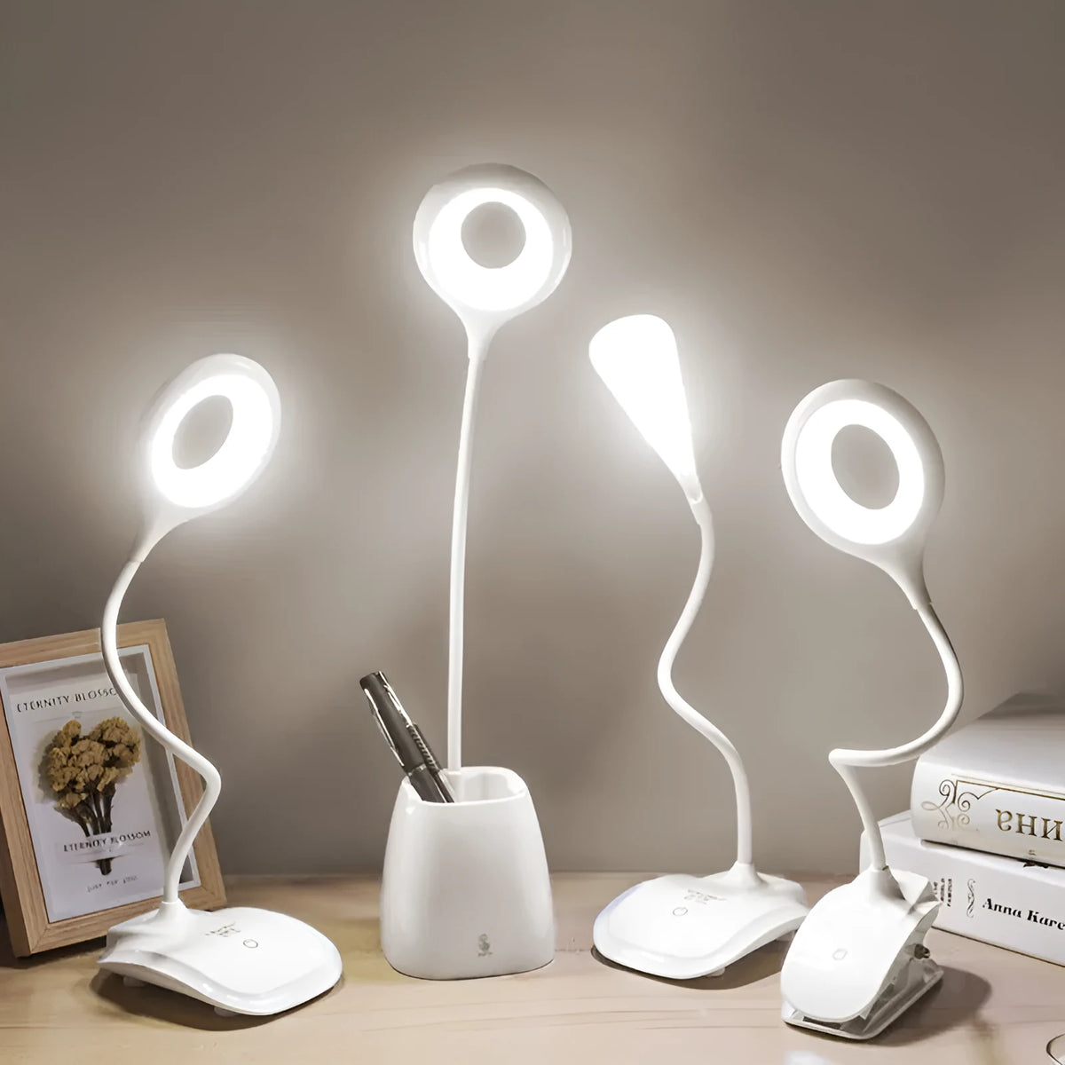 Touch switch LED charging small table lamp in black with ABS ring material, 18cm diameter and 20cm height