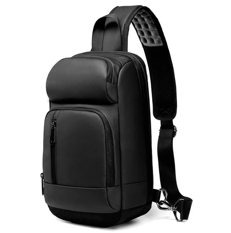 Black PVC outdoor shoulder bag with air cushion strap and internal organisation pockets