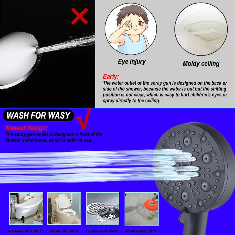 Portable Multifunctional Hand-held Shower Head Set With Filter Carbon Point PP Cotton Dark Matte ABS Construction Spray Massage Beauty Bubble Rainproof Functions