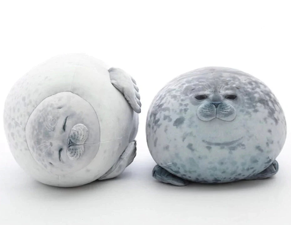 Large grey and white seal plush toy in various sizes for decoration and cuddling