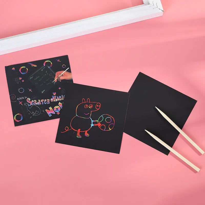 Colourful trumpet scratch painting kit showing 100 paper sheets in colour box packaging