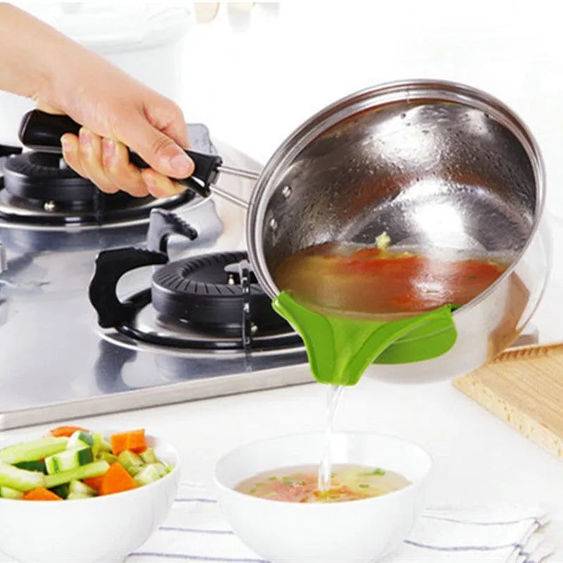 Green silicone clip-on soup funnel for kitchen use