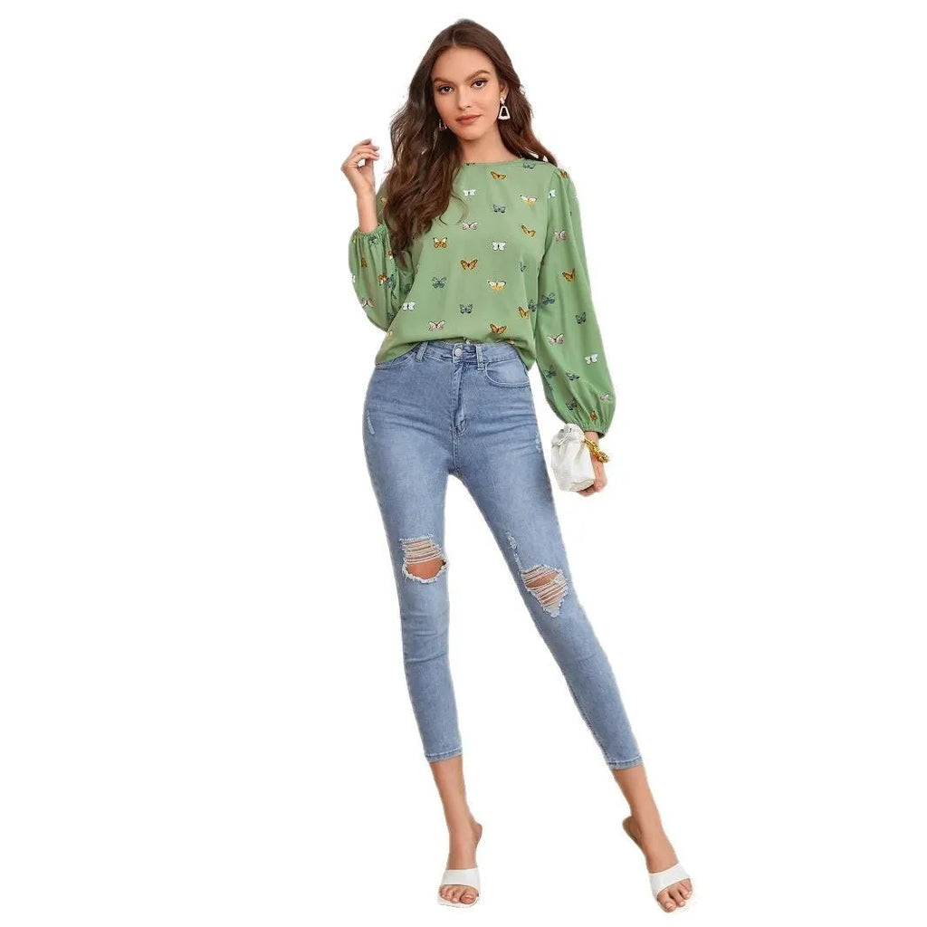 Women's green long-sleeved shirt with white butterfly print, loose fit